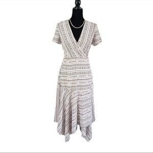 NWOT 1.State Tribal Print Tan White Midi Wrap Around Asymmetrical Dress Size 0